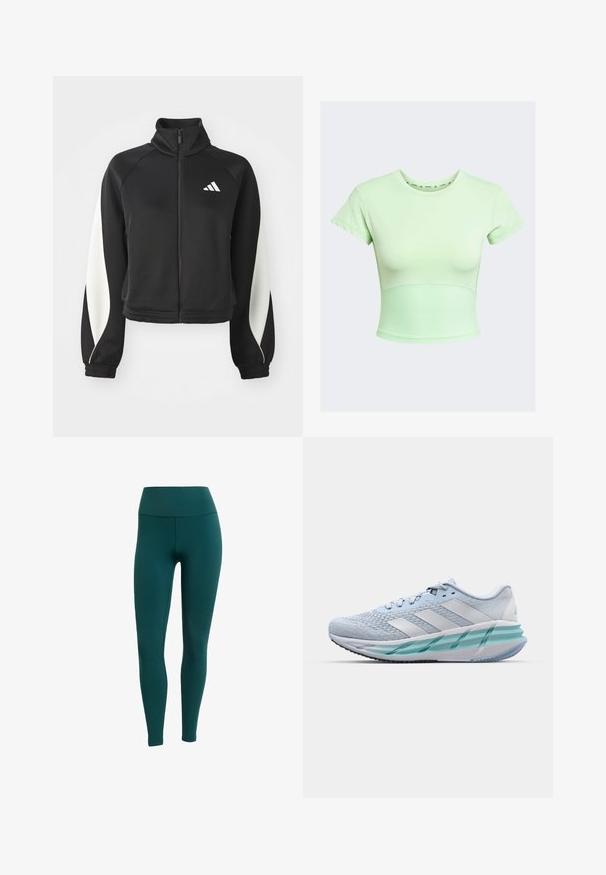 Schwarze sportliche Zip-Jacke mit weißen Akzenten, hohem Kragen und enganliegenden Manschetten. Hergestellt aus glattem Material mit einem Logo auf der oberen linken Seite.; Hellgrünes, tailliertes Crop-Top mit kurzen Ärmeln, gerippter Struktur am Bund und runder Ausschnitt. Verfügt über ein dezentes Markenlogo.; Türkise Leggings mit hoher Taille, aus dehnbarem Material, mit glatter Textur und enganliegendem Schnitt, ideal für aktive Freizeit.; Helle blaue Sportschuhe mit einem strukturierten Strickobermaterial, weißen Akzenten und einer transparenten grünen Zwischensohle. Abgerundete Zehenpartie und gepolsterter Schaft.