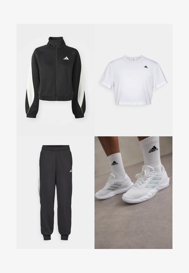 Black athletic zip-up jacket with white accents, high collar, and fitted cuffs. Made of smooth fabric with a logo on the upper left side.; White cropped t-shirt made from soft fabric, featuring short sleeves and a round neckline. Black logo on the left chest.; Black athletic pants with an elastic waistband, tapered ankles, and white side stripes. Made of soft fabric with a smooth texture.; White athletic shoes with mesh upper and light green accents, featuring three stripes design and rubber sole. Paired with white crew socks.