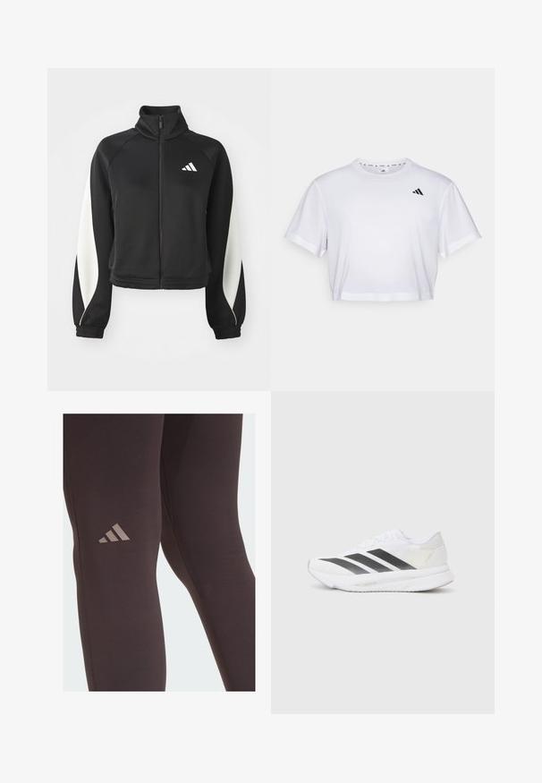 Czarna sportowa kurtka z zamkiem błyskawicznym i białymi akcentami, z wysokim kołnierzem i dopasowanymi mankietami. Wykonana z gładkiego materiału z logo na górnej lewej stronie.; Biała krótka koszulka z miękkiego materiału, z krótkimi rękawami i okrągłym dekoltem. Czarny logo na lewej piersi.; Czarne legginsy sportowe o gładkiej fakturze, z dyskretnym brązowym logo Adidasa na udzie i wzmocnionymi detalami szwów.; Białe buty sportowe z czarnymi przekątnymi paskami, siateczkowa cholewka, zaokrąglony nos oraz teksturowana podeszwa. Akcenty obejmują srebrny obcas i minimalistyczny design.