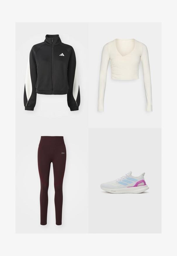 Črna športna zip-jacket s belimi detajli, visokim ovratnikom in prilegajočimi manšetami. Izdelana je iz gladkega materiala z logotipom na zgornji levi strani.; Dolgimi rokavi, kremaste barve, kratki zgornji del s črnim dekoltejem in nabranimi podrobnostmi na strani, izdelan iz raztegljive tkanine za prilegajoč videz.; Bordo leggingi z visokim pasom, s gladko teksturo, dolžino do tal in majhnim logotipom na bokih.; adidas Performance PUREBOOST 5 - Tekaški copati za cesto - white/glow blue/purple burst