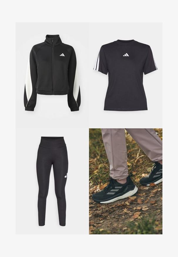 Fekete sportos zipzáras dzseki fehér részletekkel, magas gallérral és szűkített mandzsettákkal. Simaságú anyagból készült, a bal felső oldalon logóval.; Fekete sportpóló, puha anyagból, kerek nyakkivágással, rövid ujjakkal, és mindkét vállon három fehér csíkkal. Fehér logó a mellkasán.; Fekete, magas derekú leggingek sima, rugalmas anyagból, bal oldalon fehér logóval. Testhez simuló fazon, minta nélkül.; Fekete sportcipők világosszürke csíkkal, texturált felsőrésszel, fehér párnázott talppal, világos rózsaszín nadrággal viselve, levelekkel borított talajon.