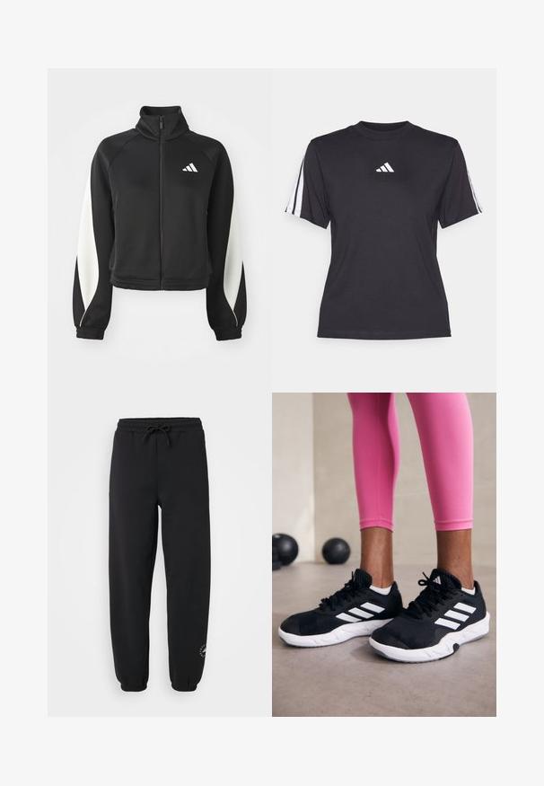 Fekete sportos zipzáras dzseki fehér részletekkel, magas gallérral és szűkített mandzsettákkal. Simaságú anyagból készült, a bal felső oldalon logóval.; Fekete sportpóló, puha anyagból, kerek nyakkivágással, rövid ujjakkal, és mindkét vállon három fehér csíkkal. Fehér logó a mellkasán.; Fekete melegítőnadrág puha anyagból, rugalmas derékkal és húzózsinórral, szűkített bokákkal, és egy kis logóval az alsó lábszáron.; Fekete sportcipők fehér csíkokkal, texturált hálós felsőrésszel és fehér talppal. Rózsaszín leggings-szel viselve, bemutatva az edzőruhákat.