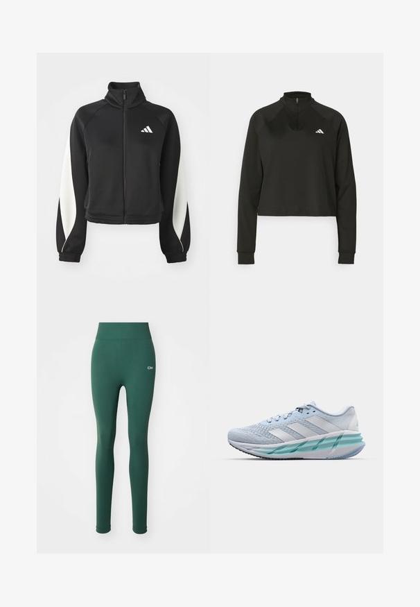 Czarna sportowa kurtka z zamkiem błyskawicznym i białymi akcentami, z wysokim kołnierzem i dopasowanymi mankietami. Wykonana z gładkiego materiału z logo na górnej lewej stronie.; Czarny pulower typu quarter-zip wykonany z gładkiego materiału, z długimi rękawami, posiadający wysoki kołnierz oraz biały logotyp po lewej stronie klatki piersiowej.; Zielone legginsy o gładkiej teksturze, wysokim staniku i dyskretnym logo z przodu. Dopasowany krój i pełna długość.; Jasnoniebieskie buty sportowe z teksturowaną cholewką z dzianiny, białymi akcentami i przezroczystą zieloną podeszwą środkową. Okrągły czubek i wyściełany kołnierz.