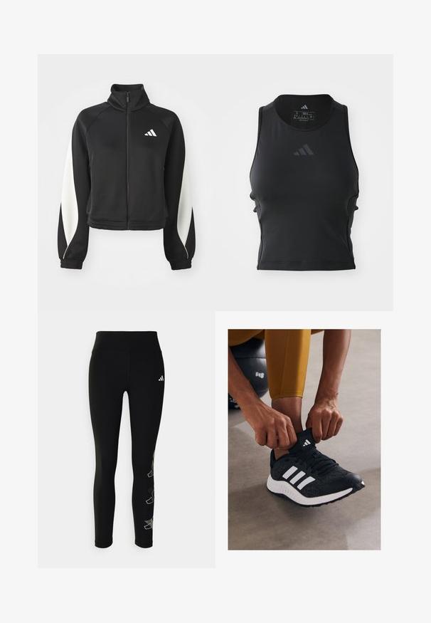 Musta sportlik lukuga jakk valgete detailidega, kõrge kaelusega ja vormi hoidvate mansettidega. Valmistatud siledast kangast, vasakul ülakehal logoga.; Must musternine mustriibuline sportlik top, mis on valmistatud siledast ja venivast kangast; omab ümmargust kaelust ja väikest helendavat logo ees.; Mustad mustad, mis on valmistatud venivast materjalist, millel on kõrge vöökoht ja peegelduv logo puusal, ning geomeetrilise aktsendidisainiga säärel.; Must have jalgpallijalatsid mustade valgete triipudega, tekstureeritud ülemise osaga ja kummist tallaga. Inimene reguleerib sokkide kätiseid, samal ajal kui istub hallil pinnal.