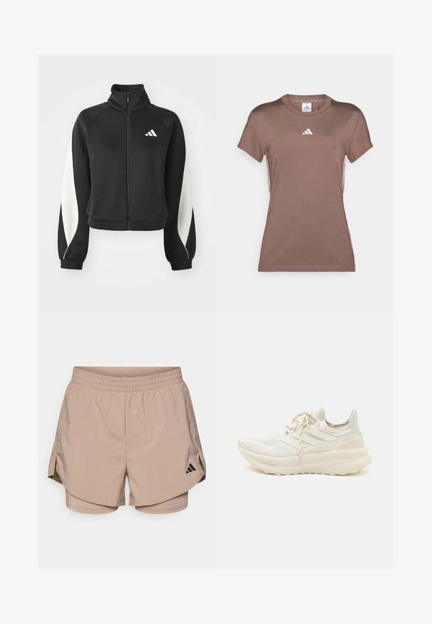 Czarna sportowa kurtka z zamkiem błyskawicznym i białymi akcentami, z wysokim kołnierzem i dopasowanymi mankietami. Wykonana z gładkiego materiału z logo na górnej lewej stronie.; adidas Performance - Koszulka sportowa; Beżowe szorty sportowe z elastycznym pasem, z bocznymi rozcięciami i wewnętrznymi szortami. Czarny logo Adidas na dolnej lewej stronie. Gładka tekstura materiału.; Białe buty sportowe z teksturowaną cholewką, trzema paskami, lekkim wypełnieniem oraz akcentem w postaci podzielonego koloru pięty. Technologia lekkiej podeszwy.