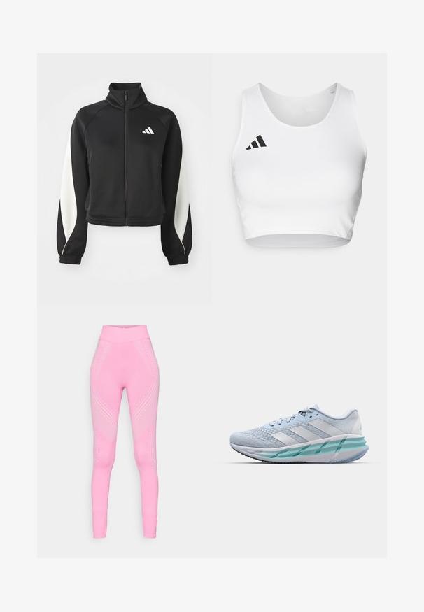 Musta urheilu-zip-up-takki, jossa on valkoisia yksityiskohtia, korkea kaulus ja istuvat hihansuut. Valmistettu sileästä kankaasta, jossa on logo vasemmalla ylhäällä.; Valkoinen urheilu crop-top, joka on valmistettu sileästä kankaasta, jossa on pyöreä kaula-aukko ja musta logo-elementti vasemmalla puolella.; Valkoiset urheilulegginsit, joissa on korkea vyötärö, hienovaraisia aaltokuvioita ja pistekoristeita sivuilla. Pehmeä ja joustava kangas.; Vaaleansiniset urheilukengät, joissa on teksturoitu neulepinta, valkoiset yksityiskohdat ja läpinäkyvä vihreä välipohja. Pyöreä kärki ja pehmustettu nilkka.