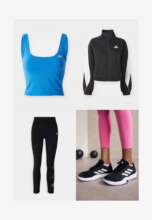 Černá sportovní bunda na zip s bílými detaily, vysokým límcem a úzkými manžetami. Vyrobena z hladkého materiálu s logem na levé horní straně.; Modrý sportovní crop top s obdélníkovým výstřihem a tenkými ramínky. Vyrobený z hladkého, elastického materiálu. Na levé straně se nachází logo.; Černé legíny vyrobené z elastického materiálu, s vysokým pasem a reflexní logem na bocích, s geometrickým akcentem na nohách.; Černé sportovní boty s bílými pruhy, texturovaný síťovinový svršek a bílá podrážka. Nosené s růžovými legínami, které předvádějí tréninkové oblečení.