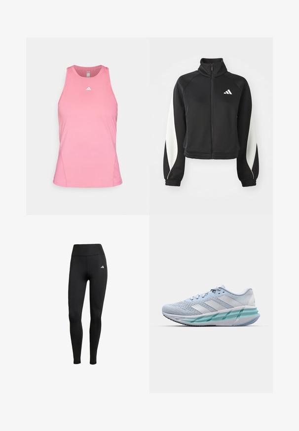 Zwarte sportieve zip-up jack met witte accenten, hoge kraag en aansluitende mouwen. Gemaakt van soepele stof met een logo op de bovenste linkerzijde.; Roze sportieve tanktop van ademend materiaal. Heeft een ronde halslijn en een mouwloos ontwerp, met een klein wit logo op de borst.; Zwarte sportleggings met een hoge tailleband. Gemaakt van rekbare stof met een wit logo detail aan de bovenste linkerkant.; Lichtblauwe sportschoenen met een gestructureerde breitbovenkant, witte accenten en een doorzichtige groene tussenzool. Ronde neus en gevoerde kraag.