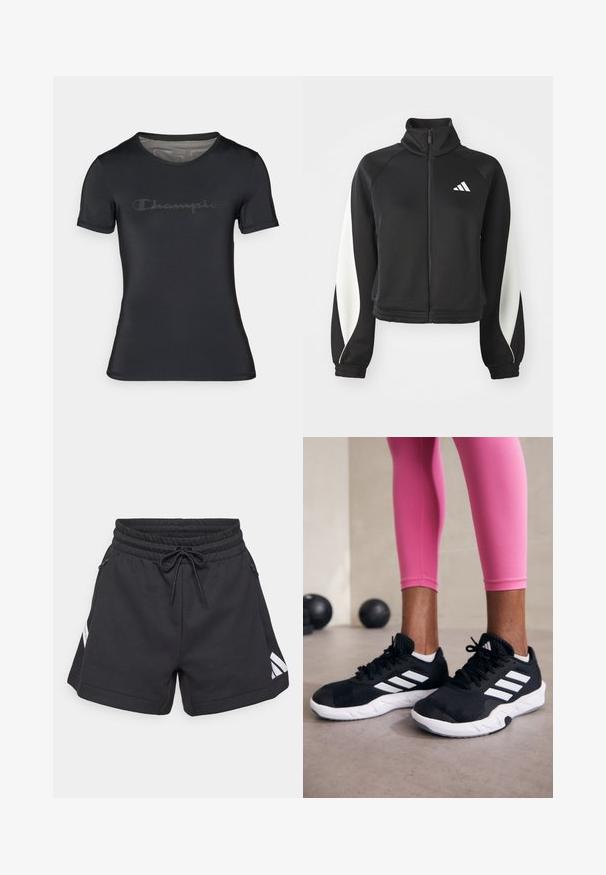 Jachetă sport neagră cu fermoar, cu accente albe, guler înalt și manșete ajustate. Fabricată dintr-un material neted, cu un logo în partea stângă sus.; Tricou sport negru, dintr-un material neted și ușor. Are un gât rotund și mâneci scurte, cu un logo subtil, întunecat "Champion" pe față.; Șorturi atletice negre cu talie elastică și șnur de ajustare. Au două buzunare laterale și un accent cu logo alb în diagonală pe lateral.; Adidași negri cu dungi albe, suprafață din plasă texturată și talpă albă. Purtați cu colanți roz, evidențiind îmbrăcămintea sport.