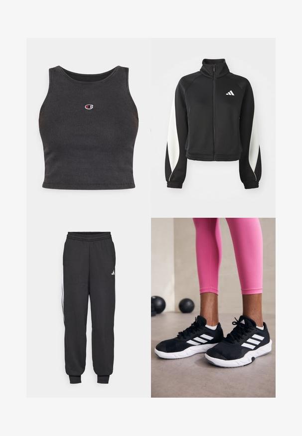 Melna sporta apģērba jaka ar baltām akcentiem, augstu apkakli un pieguļošām piedurknēm. Izgatavota no gludas auduma ar logotipu kreisajā augšējā stūrī.; Melnas ribotas apgriezta augšdaļa ar noapaļotu kakla izgriezumu, kas satur mazu izšūtu logotipu uz krūtīm un pieguļošu dizainu.; Melni sporta bikses ar elastīgu jostu, sašaurinātiem potīšu galiem un baltām sānu svītrām. Izgatavotas no mīksta auduma ar gludu tekstūru.; Melnas sporta kurpes ar baltām svītrām, teksturēta sieta augšdaļa un balta zole. Nēsātas ar rozā legingiem, demonstrējot treniņu apģērbu.