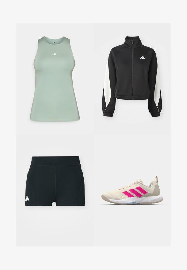 Juoda sportinė zip-up striukė su baltais akcentais, aukšta apykakle ir prigludusiais rankogaliais. Pagaminta iš lygaus audinio, su logotipu viršutiniame kairiajame kampe.; Šviesiai žalia liemenėlė, pagaminta iš lygios medžiagos, su apvaliu kaklu ir mažuoju baltu Adidas logotipu ant krūtinės. Prigludęs kirpimas.; Juodi sportiniai šortai, pagaminti iš tamprios medžiagos, su aukštu juosmeniu, aptemptu siluetu ir baltu Adidas logotipu kairėje pusėje.; Bežiniai sportiniai bateliai su rožinėmis trimis juostomis, tekstūruota tinklelio viršutinė dalis, paminkštinta apykaklė ir balta guma neslystančia padu, turintys "LIGHTSTRIKE" prekės ženklą.