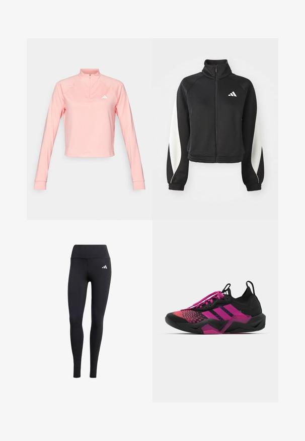 Musta sportlik lukuga jakk valgete detailidega, kõrge kaelusega ja vormi hoidvate mansettidega. Valmistatud siledast kangast, vasakul ülakehal logoga.; adidas Performance ZIP - Pikkade varrukatega topp - semi pink spark; Mustad mustadest retuusid, mis on valmistatud elastsetest materjalidest, kõrge vöökohaga ja väikese valge logoga, sujuva mati pinnaga.; Must värvi ja roosa treeningjalanõud, millel on tekstuuriga pealis, mustriga disain, silmatorkavad nöörid ja paks tald, millel on roosad aktsendid.