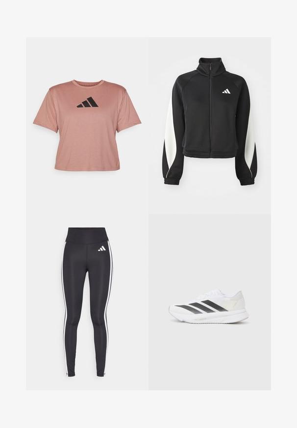 Črna športna zip-jacket s belimi detajli, visokim ovratnikom in prilegajočimi manšetami. Izdelana je iz gladkega materiala z logotipom na zgornji levi strani.; adidas Performance WE TEE - Potiskana majica - warm clay; Črne legice z visokim pasom, ki imajo bele stranske črte in majhen bel logotip na zgornjem levem stegnu. Narejene iz gladkega, elastičnega materiala.; Bela atletska čevlja z črnimi diagonali, mrežastim zgornjim delom, zaobljenim nosom in teksturirano podplatom. Dodatki vključujejo srebrno peto in minimalističen dizajn.