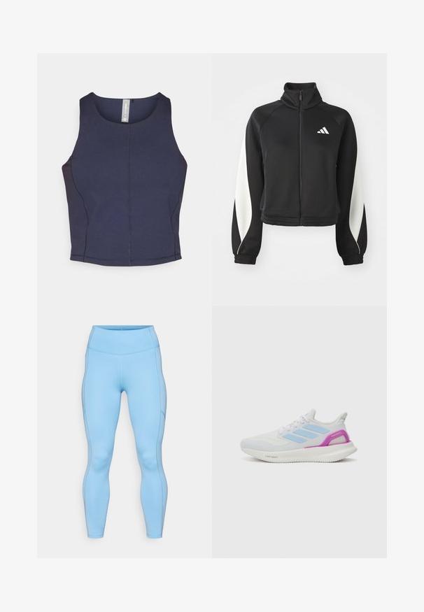 Melna sporta apģērba jaka ar baltām akcentiem, augstu apkakli un pieguļošām piedurknēm. Izgatavota no gludas auduma ar logotipu kreisajā augšējā stūrī.; Navy zila bez piedurknēm grepā topiņš ar apaļu izgriezumu, gluda tekstūra un redzamas šuves detaļas sānos.; Gaiši zili legingi, kas izgatavoti no elastīga auduma. Rūpīgi veidota augstas vids josta, gluda tekstūra un noapaļoti šuvi gar kājām.; adidas Performance PUREBOOST 5 - Apavi skriešanai pa asfaltu - white/glow blue/purple burst