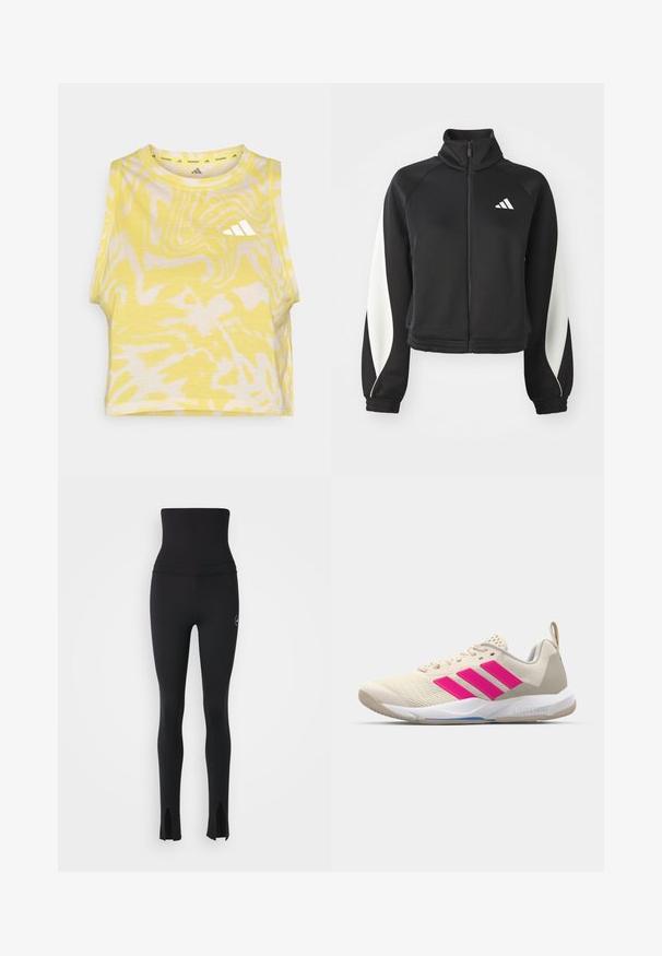 Schwarze sportliche Zip-Jacke mit weißen Akzenten, hohem Kragen und enganliegenden Manschetten. Hergestellt aus glattem Material mit einem Logo auf der oberen linken Seite.; Gelbes ärmelloses Croptop mit abstraktem weißen Muster, rundem Ausschnitt und subtiler Logodarstellung in Weiß auf der Vorderseite. Weiche Stofftextur.; adidas by Stella McCartney Tights - black; Beige Sportsschuh mit pinkem Dreistreifen-Logo, strukturiertem Mesh-Obermaterial, gepolstertem Schaft und weißer Gummisohle, mit "LIGHTSTRIKE"-Branding.