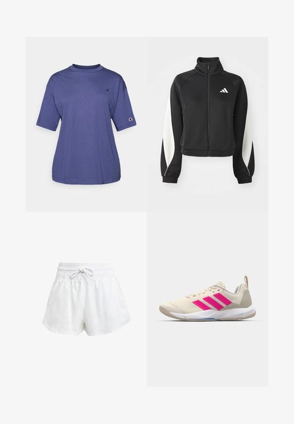 Juoda sportinė zip-up striukė su baltais akcentais, aukšta apykakle ir prigludusiais rankogaliais. Pagaminta iš lygaus audinio, su logotipu viršutiniame kairiajame kampe.; Violetinės medvilninės didelio kaklo marškinėliai trumpomis rankovėmis, su mažais logotipu ant krūtinės ir logotipo pleistru ant rankovės.; Baltos sportinės šortai su elastinga juostos juosta ir reguliuojama raišteliu. Pagaminti iš lengvo audinio, turi šonines kišenes ir laisvą siluetą.; Bežiniai sportiniai bateliai su rožinėmis trimis juostomis, tekstūruota tinklelio viršutinė dalis, paminkštinta apykaklė ir balta guma neslystančia padu, turintys "LIGHTSTRIKE" prekės ženklą.