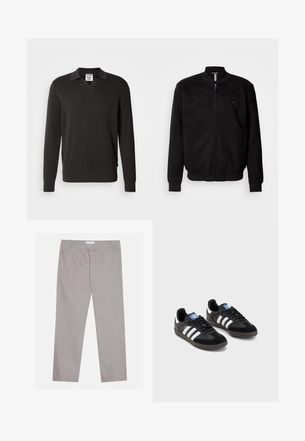 Čierna zamatová bomber bunda s kompletným zipsom, rebrovanými manžetami a spodným okrajom, s minimalistickým logom na hrudi.; Čierny sveter s dlhým rukávom a dizajnom s výstrihom do V a golierom. Vyrobený z hladkého pleteného materiálu, s rebrovanými manžetami a detailmi lemu.; Sada piatich tričiek v čiernej, bielej a námorníckej modrej farbe. Bavlnený materiál, krátke rukávy, dizajn s okrúhlym výstrihom a hladká textúra bez vzorov.; Svetlo šedé bavlnené nohavice s elastickým pásom, dvoma bočnými vreckami, rovnými nohavicami a hladkou textúrou. Jednoduché švy.; Čierne tenisky so zvrškom z semišu a syntetického materiálu, s tromi bielymi pruhmi, štruktúrovanou gumovou podrážkou a modrou logovou etiketou na jazyku.