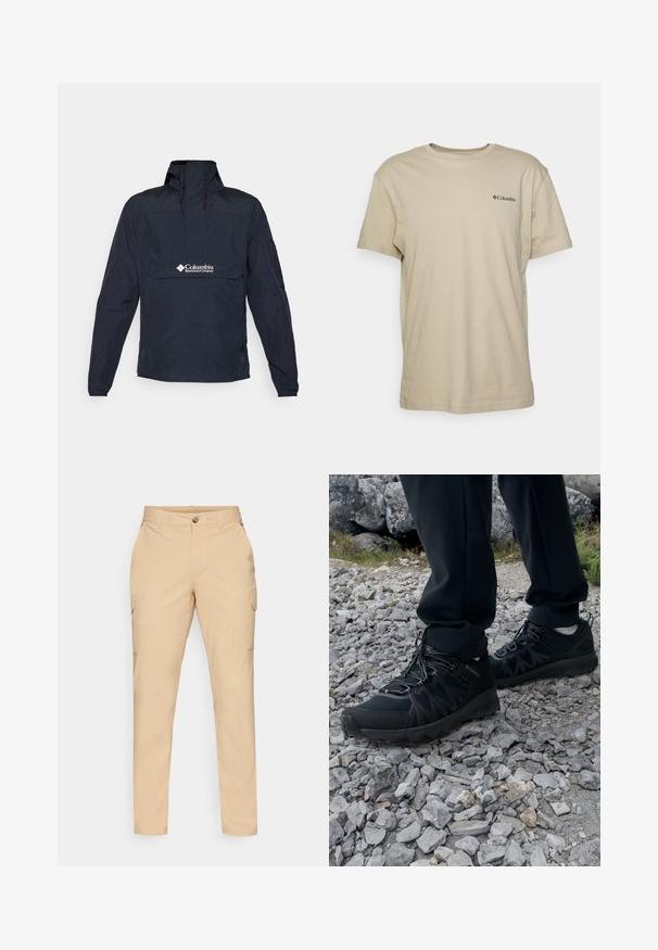 Tummansininen anorakki, joka on valmistettu kevyestä materiaalista. Takeessa on korkea kaulus, etutasku ja logo rinta-alueella. Pitkähihaiset hihat.; Beige puuvillane t-särk lühikeste varrukatega, ümmarguse kaelusega ja väike must logo vasakul rinnal. Sile tekstuur, vabaaja disain.; Beige cargo-housut, joissa on nappisulku, kapea istuvuus, sivutaskut ja sileä puuvillasekoitekangas. Ei näkyviä kuvioita tai koristeita.; Mustat ulkokengät, joissa on verkko- ja synteettinen materiaali, teksturoitu päällinen, varma nauhoitusjärjestelmä ja kestävä pohja kivikkoisella maastolla.
