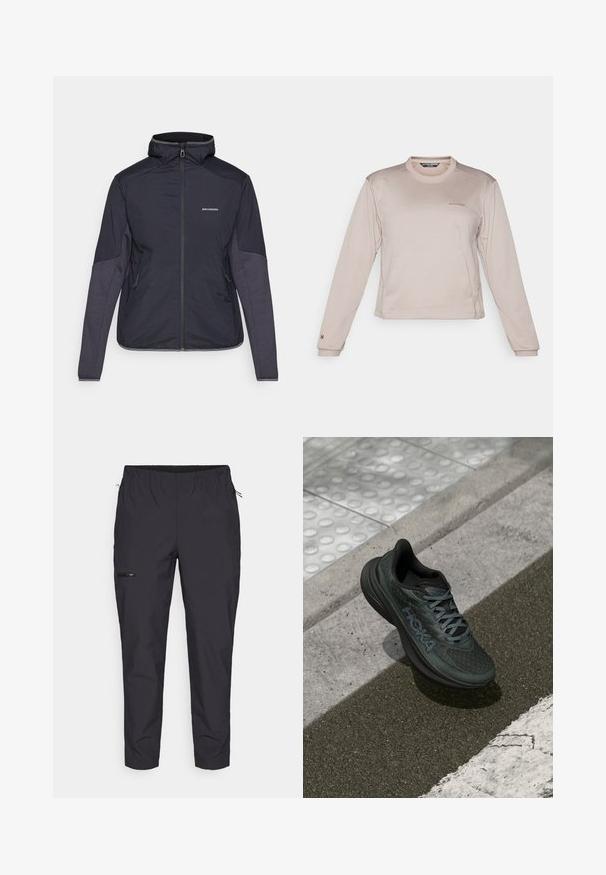 Tummansininen eristetty takki, jossa on korkea kaulus, vetoketjukiinnitys ja kaksi sivutaskua. Hihoissa on kontrastiväriset rakenteelliset paneelit. Vesitiivis materiaali.; Pitkähihainen, vaaleanbeige urheilu-paita, joka on valmistettu rakenteellisesta, hengittävästä kankaasta. Paita on pyöreäkauluksinen ja siinä on hillitty logo rinnassa.; Jack Wolfskin PRELIGHT TRAIL - Ulkohousut - black; Musta juoksukenkä, jossa on verkkopäällinen, tekstuuriset yksityiskohdat ja logo. Kenkässä on pehmeä pohja ja harmaat nauhat, ja se on asetettu asfaltin päälle.