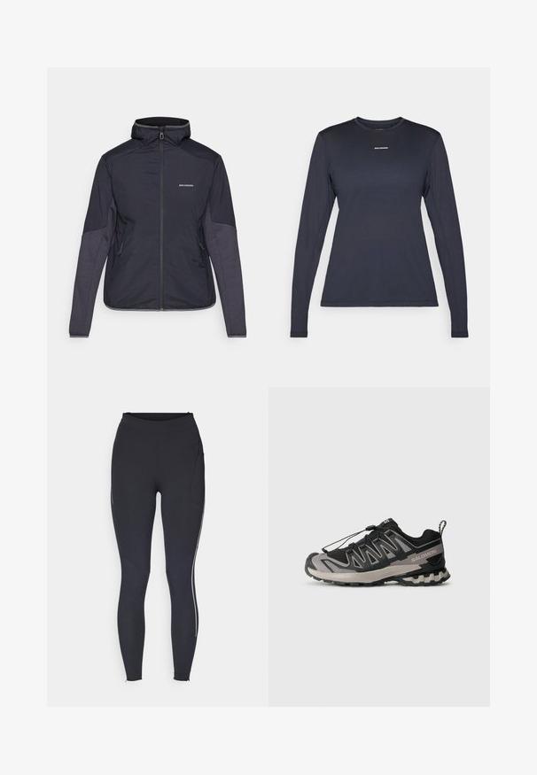 Sötétkék, hőszigetelt dzseki magas gallérral, cipzáros záródással és két oldalzsebbel. Az ujjak ellentétes textúrájú panelekből készültek. Vízhatlan anyag.; Sötétkék, hosszú ujjú sportpóló kerek nyakkivágással, textúrált anyagból készült; a mellrészén egy kis fehér "Salomon" logó található.; Fekete sportleggings, magas derekú, szűkített fazonnal, oldalsó zsebbel és kontrasztos fehér csíkkal a külső lábszáron.; Fekete és szürke sportcipő hálós felsővel, gumitalppal és elasztikus fűzőrendszerrel. Erősített orra és textúrázott részletei vannak.