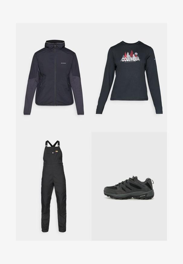 Mørkeblå isolert jakke med høy krage, glidelås foran og to sidelommer. Ermene har kontrasterende teksturerte paneler. Vanntett materiale.; Langermet mørkegrå skjorte med grafikk av røde trær og fjell; "COLUMBIA" logo i fet hvit tekst. Mykt stoff, standard rund hals.; Fjällräven VARDAG DUNGAREE TROUSERS W - Friluftsbukser - black; Columbia REDMOND - Fjellsko - black/citron haze