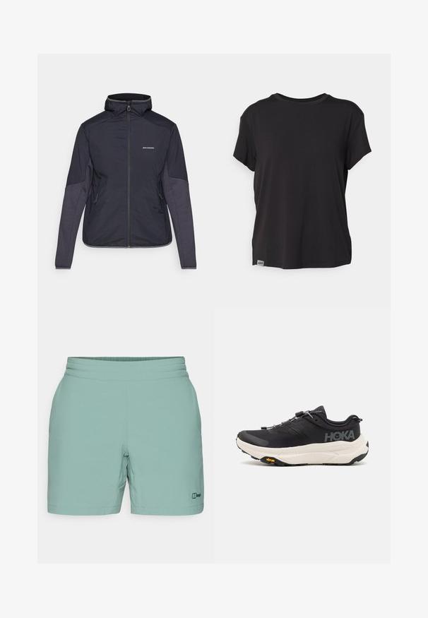 Tumši zilā izolētā jaka ar augstu apkakli, ar rāvējslēdzēja aizdari un divām sānu kabatām. Piedurkņu daļā ir kontrastējoši teksturēti paneļi. Ūdensnecaurlaidīgs materiāls.; Melnā īsām piedurknēm kreklā ir mīksta auduma, apaļš kakla izgriezums un mazs logo uzlīme kreklā apakšējā kreisajā maliņā.; Gaiši zaļi šorti, izgatavoti no mīksta auduma, ar gludu jostasvietu un mazu melnu logotipu apakšējā pusē. Vienkāršs, funkcionāls dizains.; Melni sporta apavi ar elpojošu režģi augšdaļā, gumijas zoli, baltu amortizējošu starpzoli un atstarotājām šņorēm. Vibram logo uz zoles.