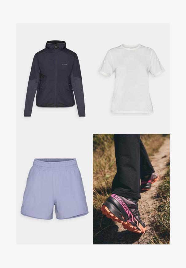 Tmavomodrá zateplená bunda s vysokým golierom, zipsom a dvoma bočnými vreckami. Rukávy majú kontrastné textúrované panely. Nepremokavý materiál.; Biela športová sieťovina s krátkym rukávom a okrúhlym výstrihom s malým logom "Salomon" umiestneným v strede hrudníka.; Svetlofialové športové kraťasy s elastickým pásom, hladkým materiálom a bočnými rozparkami na zvýšenie pohyblivosti. Bez viditeľných log alebo vzorov.; Salomon SPEEDCROSS 6 GTX - Trailové bežecké topánky - moonscape/black/bird of paradise