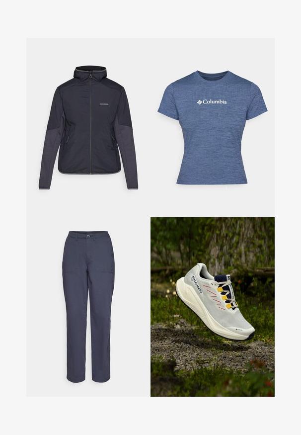 Sötétkék, hőszigetelt dzseki magas gallérral, cipzáros záródással és két oldalzsebbel. Az ujjak ellentétes textúrájú panelekből készültek. Vízhatlan anyag.; Kék, rövid ujjú póló texturált anyagból, fehér Columbia logóval a mellrészen, kerek nyakkivágással és testhezálló fazonnal.; Sötét tengerészkék, egyenes szárú nadrág sima anyagból. Két elülső zseb és gombos záródás a derékrészen.; Fehér futócipő szürke és rózsaszín kiegészítőkkel, GORE-TEX jelzéssel, hálós felsőrésszel és texturált talppal, kültéri terepre tervezve.