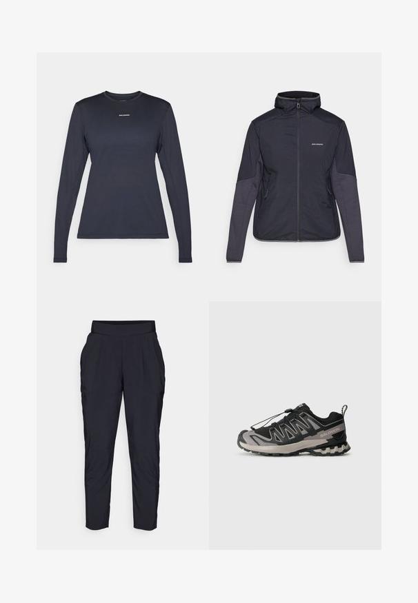 Dunkelblaue isolierte Jacke mit hohem Kragen, Reißverschluss und zwei Seitentaschen. Die Ärmel verfügen über kontrastierende, gestrickte Einsätze. Wasserdichtes Material.; Marineblaue langärmlige Sportshirt mit Rundhalsausschnitt, aus strukturiertem Material; mit einem kleinen weißen „Salomon“-Logo auf der Brust.; Schwarze, tapered Hosen mit breitem, elastischem Bund, Vorderfalten und Seitentaschen. Hergestellt aus einem glatten, leichten Stoff.; Schwarzer und grauer Sportschuh mit einem Obermaterial aus Mesh, Gummisohle und elastischem Schnürsystem. Verfügt über eine verstärkte Zehenkappe und strukturierte Akzente.