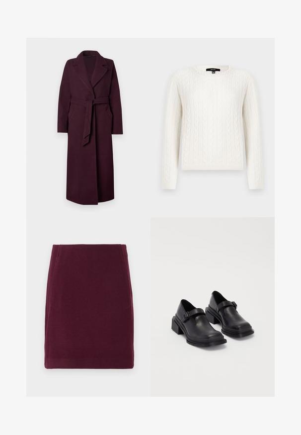 Long dark purple wool coat with wide lapels, side pockets, and a matching fabric belt tied at the waist against a plain background.; White cable-knit sweater featuring long sleeves, a round neckline, and a decorative pearl accent at the collar. Soft texture and fitted design.; Vero Moda VMFORTUNALLISON SHORT - A-line skirt - winetasting; Black leather shoes with a rounded toe, flat sole, and a strap with a buckle detail. Chunky block heel for added stability.