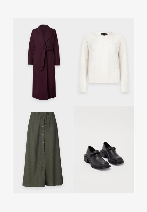 Langer, dunkelvioletter Wollmantel mit breiten Revers, seitlichen Taschen und einem passendem Stoffgürtel, der in der Taille gebunden ist, vor einem schlichten Hintergrund.; Weißer Strickpullover mit Kabelmuster, langen Ärmeln, rundem Halsausschnitt und einem dekorativen Perlenakzent am Kragen. Weicher Stoff und taillierte Passform.; Khaki Midi-Rock mit einem Knopfverschluss auf der Vorderseite mit acht Knöpfen, elastischem Bund und glattem, leichtem Stoff.; Schwarze Lederhalbschuhe mit runder Zehenpartie, flacher Sohle und einem Riemen mit Schnallen-Detail. Robuster Blockabsatz für zusätzliche Stabilität.