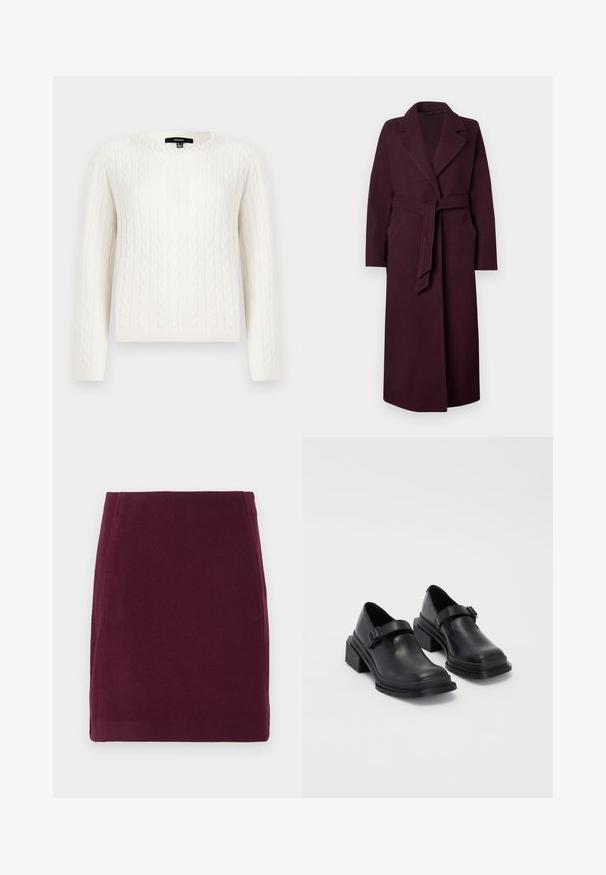Pitkä tumma violetti villakangas takki, jossa on leveät kaulukset, sivutaskut ja vyötärölle solmittava samaa kangasta oleva vyö, yksinkertaista taustaa vasten.; Valkoinen kabelineulepullovaihtoehto, jossa on pitkät hihat, pyöreä pääntie ja koristeellinen helmiyksityiskohta kauluksessa. Pehmeä tekstiili ja istuva muotoilu.; Vero Moda VMFORTUNALLISON SHORT - A-linjainen hame - winetasting; Mustat nahkakengät, joissa on pyöreä varvas, litteä pohja ja soljellinen hihna. Paksu lohkopohja lisää vakautta.