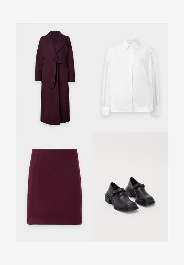 Lang donkerpaars wollen jas met brede revers, zijzakken en een bijpassende stoffen riem die op de taille is gestrikt voor een effen achtergrond.; Witte langemouwige button-up shirt in een gladde katoenmix. Voorzien van een klassieke kraag, een knoopsluiting aan de voorkant en afgeronde manchetten.; Vero Moda VMFORTUNALLISON SHORT - A-lijn rok - winetasting; Zwarte leren schoenen met een ronde neus, platte zool en een band met een gespdetail. Stevige blokhak voor extra stabiliteit.