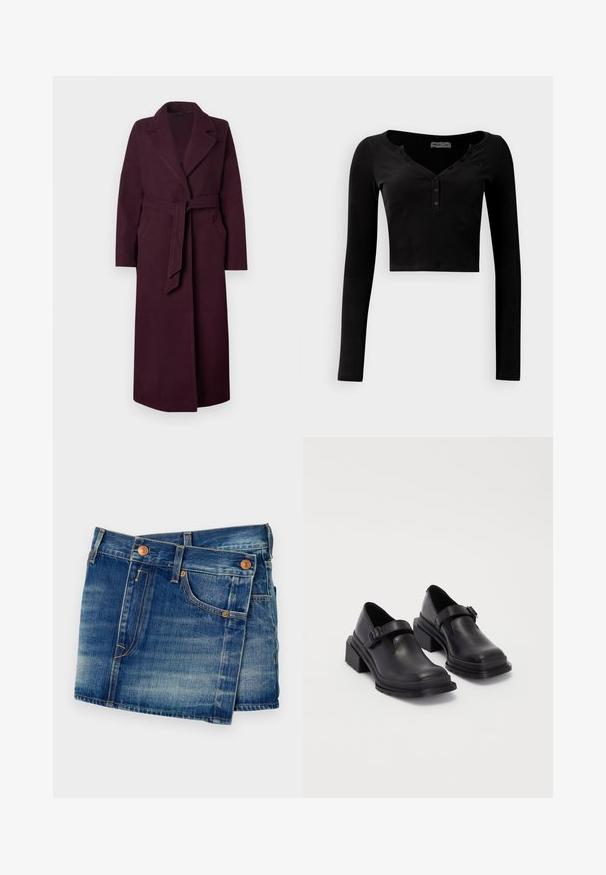 Hosszú, sötét lila gyapjú kabát széles hajtókákkal, oldalsó zsebekkel és derékon megkötött, azonos anyagú övvel, egy sík háttér előtt.; Fekete, ribbed anyagú, cropped hosszú ujjú felső V kivágással és három gombos záródással az elején.; Közepes kék farmer sort, elhalványított mosással, réz gombokkal, öt zsebes kialakítással és kontrasztos varrási részletekkel.; Fekete bőr cipők lekerekített orral, lapos talppal és csattal díszített pánttal. Masszív blokk talp a megnövelt stabilitásért.