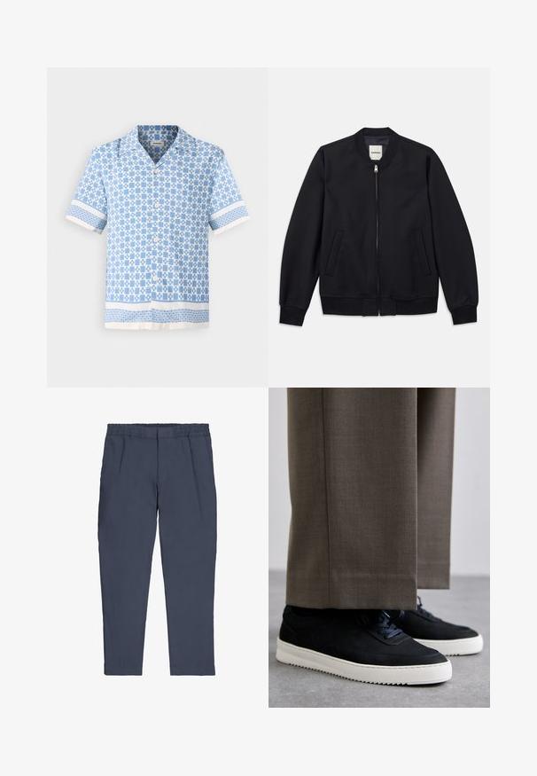 Giacca bombardiere blu navy realizzata in tessuto liscio, con zip frontale, polsini a coste e due tasche laterali. Collo rotondo senza cappuccio.; Camicia a maniche corte con bottoni di colore blu chiaro, con un motivo geometrico, dotata di un collo morbido e dettagli bianchi a contrasto su maniche e orlo.; Pantaloni blu navy con vita elastica, gambe affusolate e tasche laterali. Texture liscia senza motivi o ferramenta visibili.; Sneakers in suede nera con suole in gomma bianca, dotati di punta tonda e lacci, indossati con pantaloni grigi su misura.