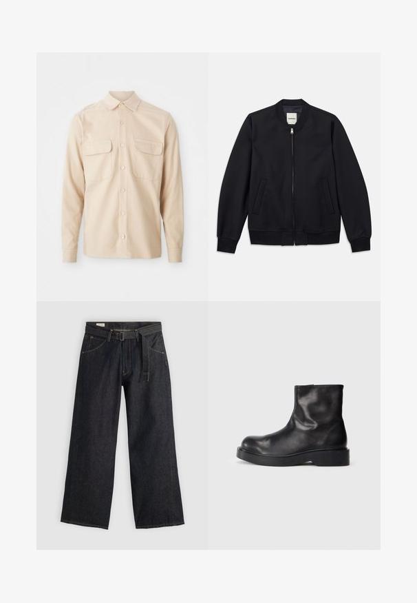 Mornarska pomorska jakna iz gladkega materiala z zadrgo spredaj, rebrastimi manžetami in dvema stranskima žepoma. Okrogla izrezana vrhnja oblačila brez kapuce.; Bež srajca z dolgimi rokavi iz tkane tkanine, z dvema prsnikoma, ostro ovratnikom in zapenjanjem na gumbe spredaj. Gladka tekstura.; Temne jeans hlače širokega kroja z pasom na zadrgo, ki imajo sprednje žepe in kontrastno šivanje. Gladka struktura z brezhibnim dizajnom.; Črne usnjene gležnjarje s zaobljenim nosom, gladko teksturo in masivnim črnim gumijastim podplatom. Minimalističen dizajn brez vidne opreme.