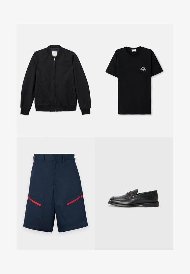 Tumesinine pommitamismantel, mis on valmistatud siledast kangast, esise rihmaga, ribadega mansettidega ja kahe küljetaskuga. Ümar kaelaauk ilma kapuutsita.; Must musträpiga t-särk, millel on ümmargune kaelus. Esipaneelil on väike valge graafiline disain. Lühikesed varrukad ja sirge serv.; Tumesinised kaubanduslikud lühikesed püksid punaste aktsentidega, millel on kaks lukuga taskut, lame eesmine osa ja õmblustähed.; Mustad mustad nahast loafersid esitlevad ümarat varvast, keerduvaid õmblusi ja väikest kuldset detailet ees. Tallad on lamedad ja diskreetsed.