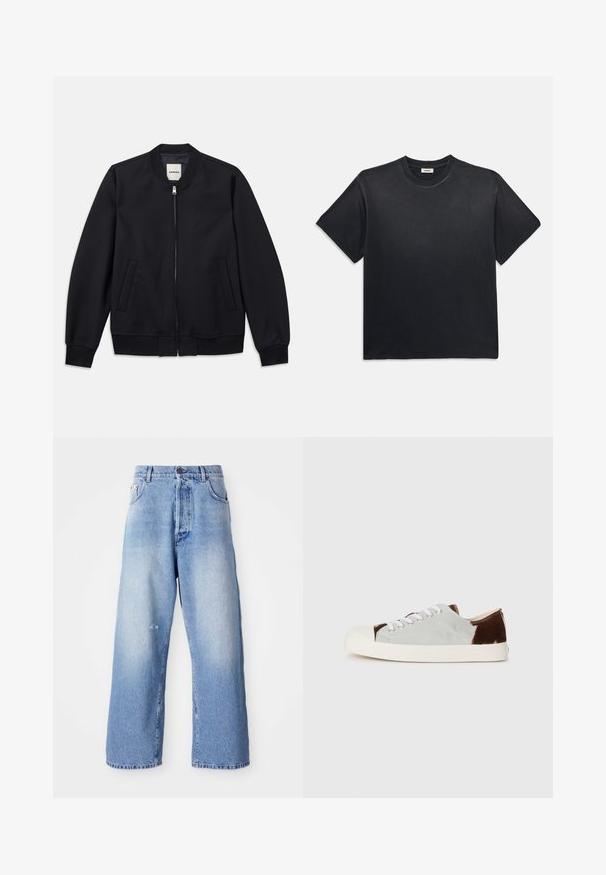 Tumesinine pommitamismantel, mis on valmistatud siledast kangast, esise rihmaga, ribadega mansettidega ja kahe küljetaskuga. Ümar kaelaauk ilma kapuutsita.; Must märk puuvillane T-särk ümmarguse kaelusega ja lühikeste varrukatega. Omab lõdvat istuvust, sujuvat tekstuuri ja minimalistlikku disaini.; Heledad sinine teksarihm, millel on kulunud viimistlus, nupuga kinnitamine, vööloopide ja veidi kulumisega põlve lähedal.; Madala lõikega tossud hallist kanvasest pealispinnaga ja pruunist seemisnahkaktsentiga, valged paelad ja kreemjas kummist varbakattega. Lame talla disain igapäevaseks kandmiseks.