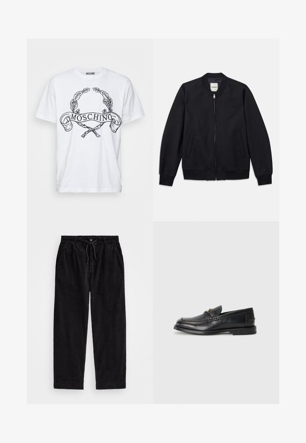 Chaqueta bomber navy hecha de una tela suave con cierre frontal, puños acanalados y dos bolsillos laterales. Cuello redondo sin capucha.; Camiseta blanca de algodón con diseño gráfico negro que presenta una corona de laurel y la inscripción "MOSCHINO", con mangas cortas y escote redondo.; Pantalones de pana negra con corte relajado, que cuentan con una cinturilla elástica con cordón ajustable y bolsillos laterales. La tela presenta una textura acanalada.; Mocasines de cuero negro con punta redonda, detalles de costura y un pequeño acento dorado en la parte frontal. La suela es plana y discreta.