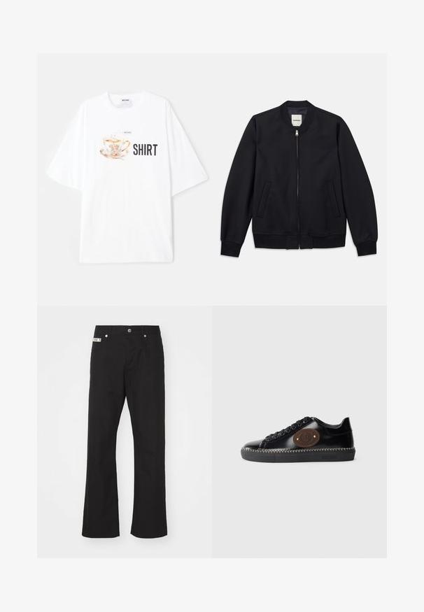 Námornícky bombardér s hladkým materiálom, predným zipsom, rebrovanými manžetami a dvoma bočnými vreckami. Okrúhly výstrih bez kapucne.; Biele oversized tričko s farebnou grafikou čajového hrnčeka a kvetinovými detailmi, pod ktorým sú tučnými čiernymi písmenami napísané slová "TRIČKO".; Čierne bavlnené nohavice s rovnými nohavicami, zakončené predným zapínaním na gombík, dvoma bočnými vreckami a malou značkovou nášivkou na páse.; Čierne lakované tenisky s okrúhlou špičkou, hnedou koženou nášivkou, čiernymi šnúrkami a kontrastným prešívaním pozdĺž podrážky.