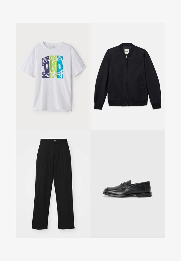 Námořnická bombardérka vyrobená z hladkého materiálu s předním zipem, žebrovanými manžetami a dvěma bočními kapsami. Kulatý výstřih bez kapuce.; Bílý bavlněný tričko se barevným grafickým potiskem a stylizovaným písmem v modré, zelené a fialové barvě, umístěným ve středu přední strany.; Černé kalhoty širokého střihu vyrobené z lehkého materiálu. Obsahují zapínání na knoflík, přední skladby a dvě boční kapsy.; Černé kožené loafers mají zaoblenou špičku, šité detaily a malý zlatý akcent na přední straně. Podešev je plochá a nenápadná.