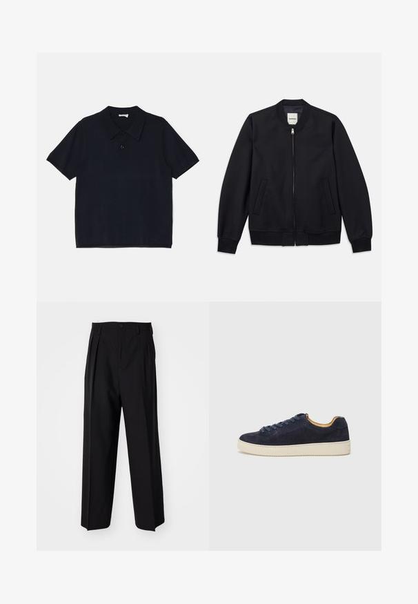 Jūras spēku bumbvedēju jaka, izgatavota no gludas auduma, ar priekšu ar rāvējslēdzēju, ribotām piedurknēm un divām sānu kabatām. Apaļš kakls bez kapuces.; Melnas īsām piedurknēm polo krekls, kas izgatavots no mīksta, viegla auduma. Iezīmē klasisku apkakli un priekšējo pogu aizdari.; Melnas plisētās bikses ar taisnu, plata kāja dizainu. Izgatavotas no gludas auduma, ar pogu aizdari un jostas cilpiņām.; Jūras spēku zamša zemas tenisa kurpes ar noapaļotu purngalu, off-white gumijas zoli un saskaņojošām šņorēm; iekļauj kontrastējošu brūnganu iekšējo izšuvumu.