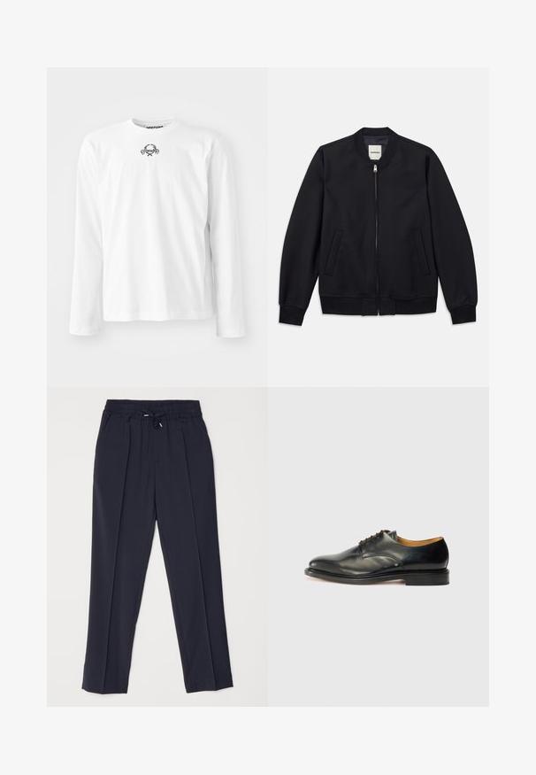 Námornícky bombardér s hladkým materiálom, predným zipsom, rebrovanými manžetami a dvoma bočnými vreckami. Okrúhly výstrih bez kapucne.; Biely dlhý rukáv košele vyrobený z bavlny, s okrúhlym výstrihom a malým čiernym grafickým dizajnom v strede, s manžetami.; Námornícky modré nohavice s elastickým pásom a šnúrkou. Obsahujú dva predné záhyby a strihané nohavice pre štruktúrovaný siluetu.; Čierne kožené formálne topánky so hladkým povrchom, zaoblenou špičkou a minimálnym šnurovaním. Majú decentný dizajn a nízku, pevnú gumovú podrážku.