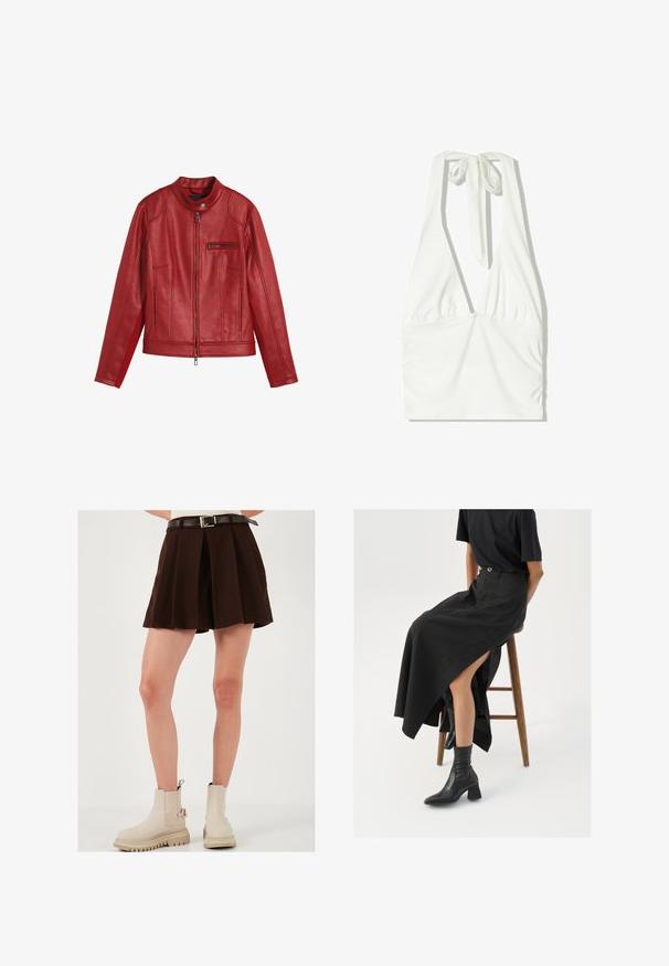 Rode leren jas met een ronde kraag, vooraan met rits sluiting en een ritszak. Heeft verticale naden en een gladde textuur.; Witte haltertop met een diepe V-halslijn, geplooide voorkant en verstelbare strik om de hals. Gemaakt van zachte, gestructureerde stof.; Bruine geplooide rok met een fitted tailleband en een contrasterende bruine riem met een gouden gesp. G gedragen met beige enkellaarsjes.; Zwarte linnen maxi rok met een hoge split, gedragen met een zwart T-shirt en zwarte enkellaarsjes. Minimalistisch ontwerp met een relaxte pasvorm.