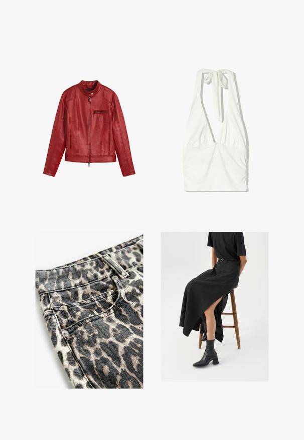Giacca in pelle rossa con colletto rotondo, chiusura frontale con cerniera e tasca con cerniera. Presenta cuciture verticali e una texture liscia.; Top bianco con spalline a halter, scollatura a V profonda, fronte arricciato e laccio regolabile al collo. Realizzato in un morbido tessuto testurizzato.; Tessuto denim con stampa leopardata caratterizzato da tonalità nere e beige, rivetti metallici, tasche cucite e un design della vita strutturato.; Gonna maxi in lino nera con uno spacco alto, indossata con una t-shirt nera e stivaletti neri. Design minimalista con una vestibilità rilassata.