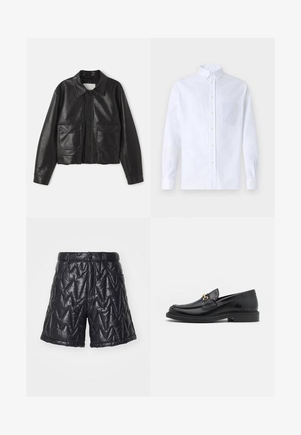 Černá kožená bunda s límečkem, zipovým zapínáním a dvěma předními našitými kapsami. Má zkrácený střih a hladký povrch.; Bílá dlouhá košile s knoflíky vyrobená z bavlny, která má náprsní kapsu s tónovanou výšivkou, límec a knoflíkové manžety.; Černé prošívané šortky vyrobené z lesklé, polstrované látky. Obsahují zipový zip, přední kapsy a vzor cik-cak na povrchu.; Černé kožené mokasíny s zaoblenou špičkou, vyznačující se zlatými kovovými detaily a prošíváním, umístěné na nízké, texturované gumové podrážce.