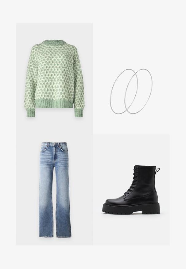 Grön vadderad jacka med stor huva, boxig form, quiltad textur och dragkedja framtill. Inga synliga metall- eller mönsterdetaljer.; YAS YASTOXANA - Stickad tröja - basil/perfectly pale; Ljusblå denimjeans med hög midja, vida ben och subtila blekningar. Har en knappstängning och femficksdesign.; Svarta läderankelboots med rund tå, snörning framtill och en tjock gummisula med strukturerat mönster. Dragflik bak.; Silverfärgade hoopörhängen med en minimalistisk design. Cirkulär form, slät yta och tunn profil. Lätta med en polerad finish.