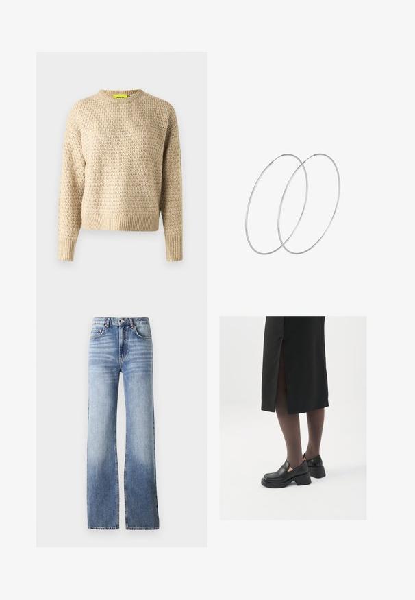 Grön vadderad jacka med stor huva, boxig form, quiltad textur och dragkedja framtill. Inga synliga metall- eller mönsterdetaljer.; Beige stickad tröja med rund halsringning och långa ärmar. Har ett texturerat mönster och ribbade fållar och ärmslut.; Ljusblå denimjeans med hög midja, vida ben och subtila blekningar. Har en knappstängning och femficksdesign.; Svarta läderskor med rund tå, tjock klack utan häl och elastiska sidodetaljer, kombinerat med mörka strumpbyxor och en svart kjol med slits.; Silverfärgade hoopörhängen med en minimalistisk design. Cirkulär form, slät yta och tunn profil. Lätta med en polerad finish.