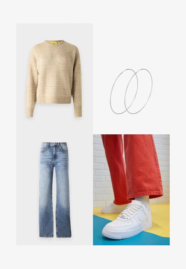 Žalia pūkinė striukė su plačia gaubtu, dėžutės formos, pačių siūta tekstūra ir užtrauktuku priekyje. Nėra matomos techninės įrangos ar raštų.; Bežinis megztinis su apvalia iškirpte ir ilgomis rankovėmis. Turi tekstūruotą raštą bei kantus ir rankoves su gipiūru.; Šviesiai mėlynos džinsinės kelnės su aukštu liemeniu, plačiu piešimu ir subtiliu blukimu. Turi mygtuko uždarymą ir penkių kišenių dizainą.; Baltos odinės kedų sportbačiai su perforuotu pirštu, tekstūruota pado dalimi ir baltais raišteliais, derinami su plačiomis raudonomis kelnėmis ir mėlynos bei geltonos spalvų fono kompozicija.; Sidabrinės pusmėnulio auskarai minimalistiniu dizainu. Apskritimo forma, lygus paviršius ir plonas profilis. Lengvi su poliruotu apdailu.