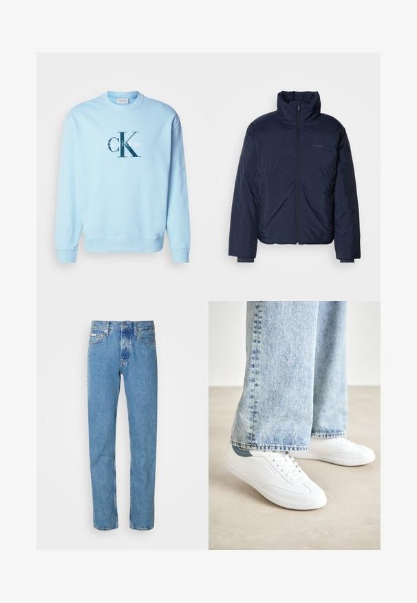 Casaco puffer acolchoado em azul marinho com colarinho alto e fecho de correr frontal completo. Apresenta bolsos laterais com fecho e punhos canelados para um aquecimento extra.; Sweatshirt azul claro feito de uma mistura de algodão, com decote redondo e punhos canelados. A parte da frente exibe um grande logótipo "Calvin Klein" em azul marinho.; Jeans de ganga azul clara com corte reto, apresentando um design clássico de cinco bolsos e um fecho de botão na cintura. Sem padrões notáveis.; Ténis brancos com material suave, design de atacadores, sola de borracha texturizada e um detalhe em teal no calcanhar, combinados com jeans azul claro.